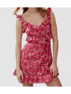 FRENCH CONNECTION Elianna Burnout Frill Cami Mini Dress Raspberry Pink Red 6